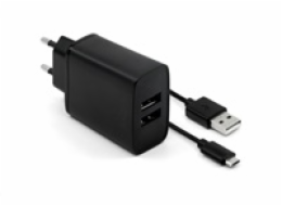 FIXED nabíječka do sítě, konektor 2x USB-A, kabel USB -> micro USB délka 1 m, 15 W, černá