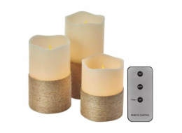 LED dekorace – vosková svíčka omotaná provázkem, 3x AAA, vnitřní, vintage, 3 ks, ovladač