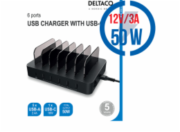 DELTACO DPS-0200, 5x USB A, Nabíjecí stanice, 50W