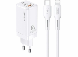 Usams USAMS Charger Lod. síť. MT 2xUSB-C+USB GaN 65W PD + USB-C-Lightning kabel 30W rychlé nabíjení bílá/bílá MTXLOGTL02