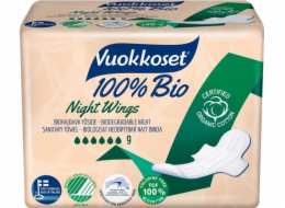 Vuokkoset Vuokkoset, 100% BIO, Hygienické vložky s křidélky na noc, 9 ks.
