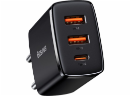 Baseus nabíječka Baseus Compact Quick Charger nástěnná nabíječka, 2xUSB, USB-C, PD, 3A, 30W (černá)