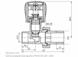 Perfexim Přímý 1/2cestný přívodní ventil radiátoru pro pájení PHA-030/L G1/2x15 (20-030-0000-200)