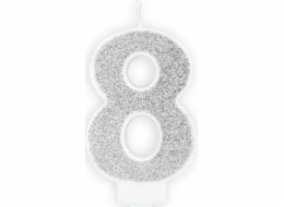 Narozeninová svíčka, číslo 8, stříbrný třpyt, 7 cm. univerzální