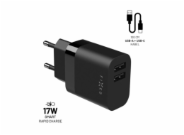 Set FIXED síťové nabíječky s 2xUSB výstupem a USB/USB-C kabelem, 1 metr, 17W Smart Rapid Charge, černá