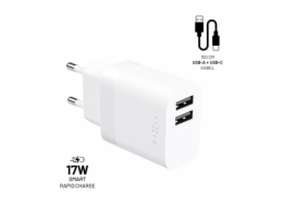 Set FIXED síťové nabíječky s 2xUSB výstupem a USB/USB-C kabelem, 1 metr, 17W Smart Rapid Charge, bílá