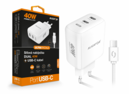 Chytrá síťová nabíječka ALIGATOR Power Delivery 40W, 2xUSB-C, USB-C/USB-C kabel, bílá