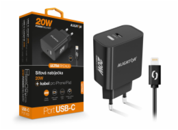 Chytrá síťová nabíječka ALIGATOR Power Delivery 20W, USB-C kabel pro iPhone/iPad, černá