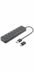 Digitus DA-70248 Digitus USB 3.0 rozbočovač, 7 portů, přepínač Hliníkové pouzdro, včetně zdroje 5V/2A