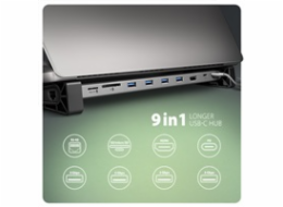 AXAGON HMC-10HLS, USB 5Gbps hub, 4x USB-A, HDMI 4k/60Hz, RJ-45 GLAN, SD/mSD, PD 100W, kabel USB-C 25cm