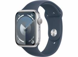 Chytré hodinky GPS Apple Watch Series 9, 41mm stříbrné hliníkové pouzdro s bouřkově modrým sportovním páskem - S/M