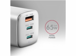 AXAGON ACU-DPQ65W, GaN nabíječka do sítě 65W, 3x port (USB-A + dual USB-C), PD3.0/QC4+/PPS/Apple, bílá