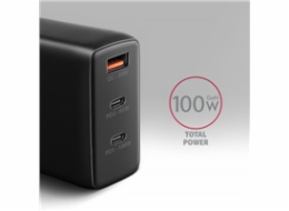 AXAGON ACU-DPQ100, GaN nabíječka do sítě 100W, 3x port (USB-A + dual USB-C), PD3.0/PPS/QC4+/Apple, černá