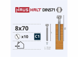 Vruty do dřeva Haushalt, DIN571, 8,0 x 70 mm, ZN, 10 ks.