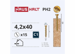 Vruty do dřeva Haushalte, 4,2 x 40 mm, ZN, PH, 15 ks.