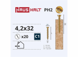 Vruty do dřeva Haushalt, 4,2 x 32 mm, ZN, PH, 20 ks.