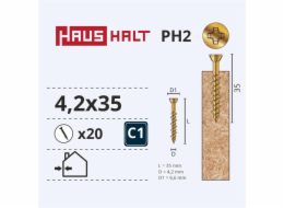 Vruty do dřeva Haushalt, 4,2 x 35 mm, ZN, PH, 20 ks.