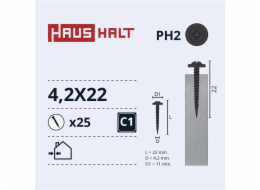Samořezné šrouby Haushalt, DIN 14566, 4,2 x 22 mm, 25 ks.