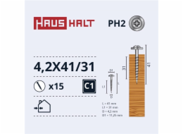 Samořezné šrouby Haushalt, DIN 14566, 4,2 x 41/31 mm, 15 ks.