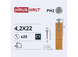 Samořezné šrouby Haushalt, DIN 14566, 4,2 x 22 mm, 25 ks.