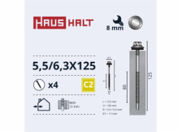Samořezné šrouby Haushalt, DIN 7504K, 5,5/6,3 x 125 mm, 4 ks.