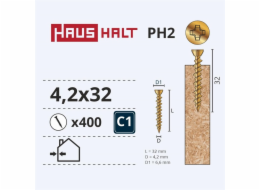 Vruty do dřeva Haushalt, 4,2 x 32 mm, ZN, PH, 400 ks.