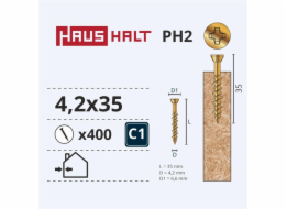 Vruty do dřeva Haushalt, 4,2 x 35 mm, ZN, PH, 400 ks.