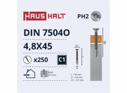 Samořezné šrouby Haushalt, DIN 7504O, 4,8 x 45 mm, 250 ks.