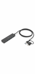 Digitus USB 3.0 Hub/4portový SlimLine USB A Hub + USB-C adaptér 1,2 m 5 Gb/s, USB-C napájecí konektor