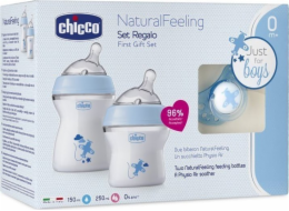 Chicco CHICCO_SET NaturalFeeling Sada na krmení láhev 150ml 0m+ + láhev 250ml 2m+ + dudlík PhysioForma Comfort 0m+ Modrá