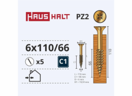 Vruty do dřeva Haushalt, 6 x 110/66 mm, ZN, PZ3, 5 ks.