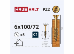 Vruty do dřeva Haushalt, 6 x 100/72 mm, ZN, PZ3, 5 ks.
