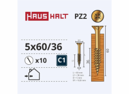 Vruty do dřeva Haushalt, 5 x 60/36 mm, ZN, PZ2, 10 ks.