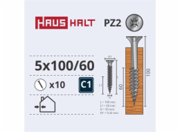 Vruty do dřeva Haushalt, 5 x 100/60 mm, ZN, PZ2, 10 ks.