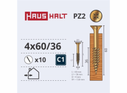Vruty do dřeva Haushalt, 4 x 60/36 mm, ZN, PZ2, 10 ks.