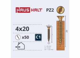 Vruty do dřeva Haushalt, 4 x 20 mm, ZN, PZ2, 50 ks.