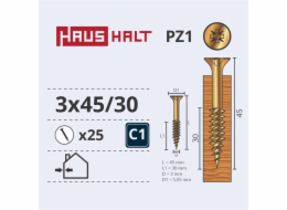 Vruty do dřeva Haushalt, 3 x 45/30 mm, ZN, PZ1, 25 ks.