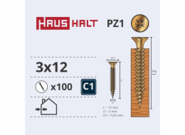 Vruty do dřeva Haushalt, 3 x 12 mm, ZN, PZ1, 100 ks.