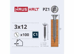 Vruty do dřeva Haushalt, 3 x 12 mm, ZN, PZ1, 100 ks.