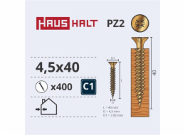 Vruty do dřeva Haushalt, 4,5 x 40 mm, ZN, PZ2, 400 ks.