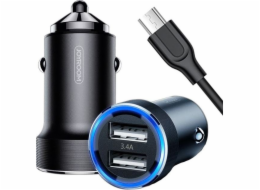 Joyroom nabíječka Nabíječka do auta 3,4A 2x USB + Micro USB kabel 1m Dvouportová nabíječka do auta JOYROOM Wise Series (C-A02) černá
