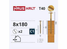 Vruty do dřeva Haushalt, 8x180/80 mm, ZN, T40, 2 ks.