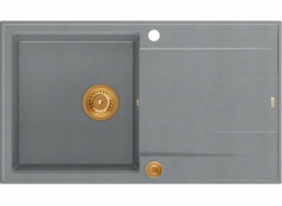 GraniteQ EVAN 111 dřez GraniteQ dřez s Push 2 Open sifon, 1-miska bez (860x500x210) stříbrný kámen / měděné prvky
