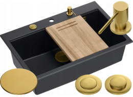 GraniteQ dřez Granitový dřez MARC 1-miska 76x50 cm černá/čistý uhlík + Nano GOLD PVD