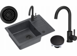 GraniteQ GO- SMART dřez ČERNÝ granitový dřez 1-kz/o (62x44x17,5) + velmi černá baterie + ruční sifon s velmi černým uzávěrem