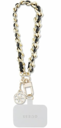 Guess Přívěsek 4G Saffiano Charm Black Universal Hand Strap Saffiano Chain 4G Charm je mimořádně stylový a elegantní doplněk věnovaný vašemu telefonu
