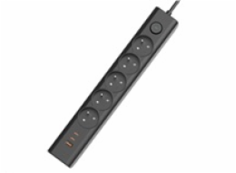 Viking síťová prodlužovací zásuvka YC53, 5x AC 230V, 1x USB-A, 2x USB-C, délka 1,5 m, černá