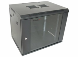 XtendLan 19" nástěnný rozvaděč 9U 600x450, nosnost 60 kg, skleněné kouřové dveře, rozložený, černý