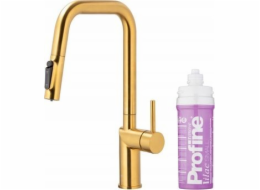 KFA DUERO PURE STYLE VYSOUVACÍ kuchyňská baterie KUCHYŇSKÁ TUČNĚJŠÍ S FUNKCÍ FILTRACE VODY A VYSOUVACÍM VÝPADLEM + SADA FILTRŮ PROFINE LILAC S, KARTÁČOVANÉ ZLATO