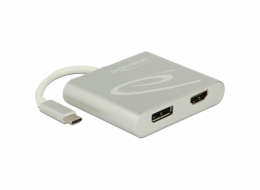 DeLOCK USB adaptér, USB-C samec > HDMI samice + DisplayPort samice (stříbrný, 10 cm, video rozbočovač, 4K 30Hz)